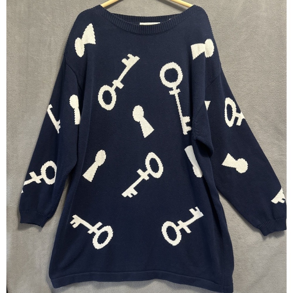 VTG Outlander Sweater Dress Novelty Key Print Plus Size 3X Navy Blue 100% Cotton